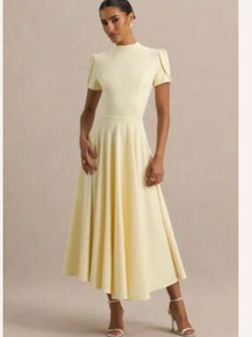 Oasis Pale Yellow High-Neck Midi Dress